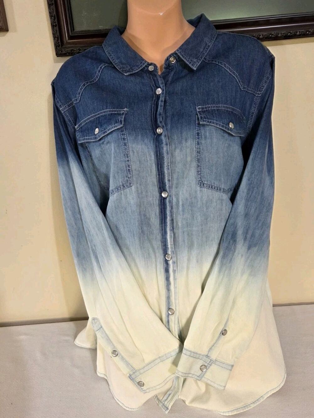 Upcyled Womens Size Large demin Ombre Fox Snap Down Shirt